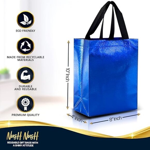 Blue Gift Bags Medium Size – Set of 12 Shiny Blue Reusable Gift Bags With Handle - Picture 5 of 5